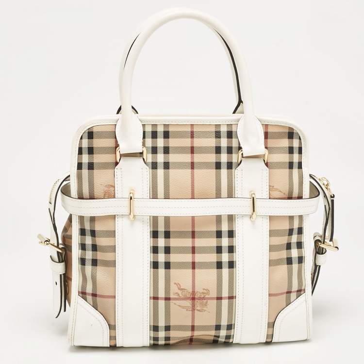 Pre Owned Burberry White/Beige Haymarket PVC and Leather PVC Minford Satchel