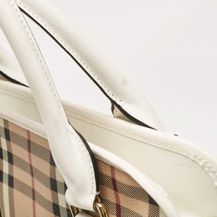 Pre Owned Burberry White/Beige Haymarket PVC and Leather PVC Minford Satchel