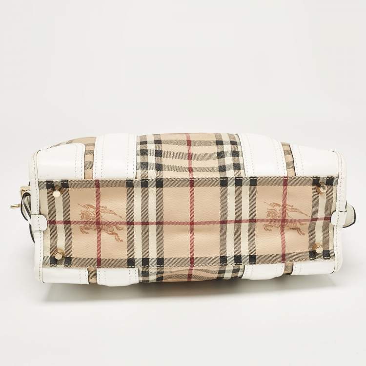 Pre Owned Burberry White/Beige Haymarket PVC and Leather PVC Minford Satchel