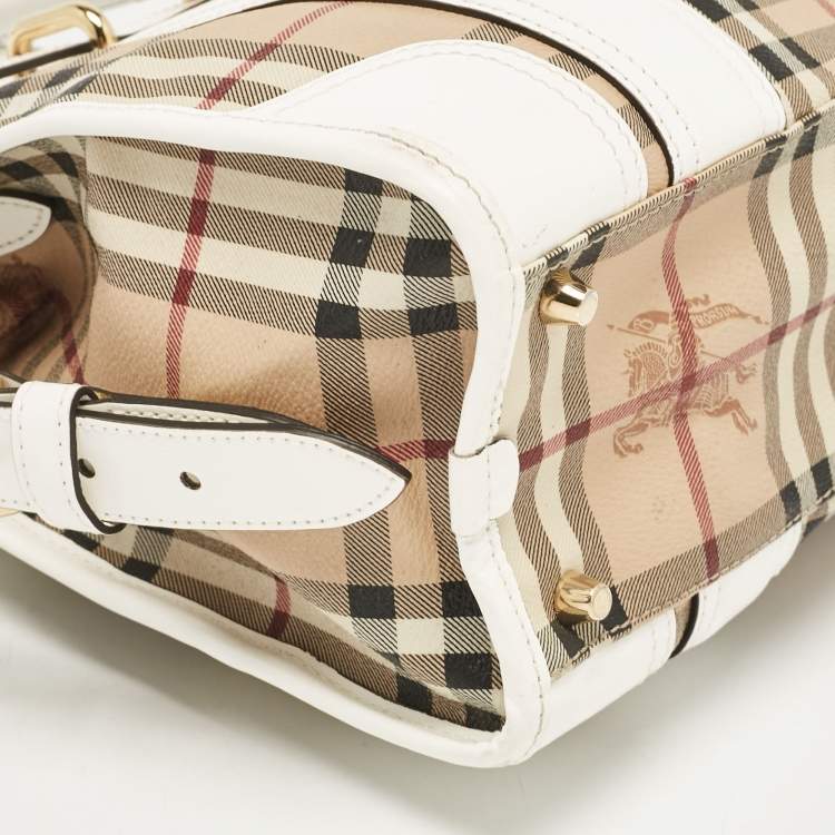 Pre Owned Burberry White/Beige Haymarket PVC and Leather PVC Minford Satchel