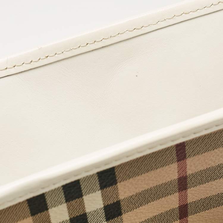 Pre Owned Burberry White/Beige Haymarket PVC and Leather PVC Minford Satchel