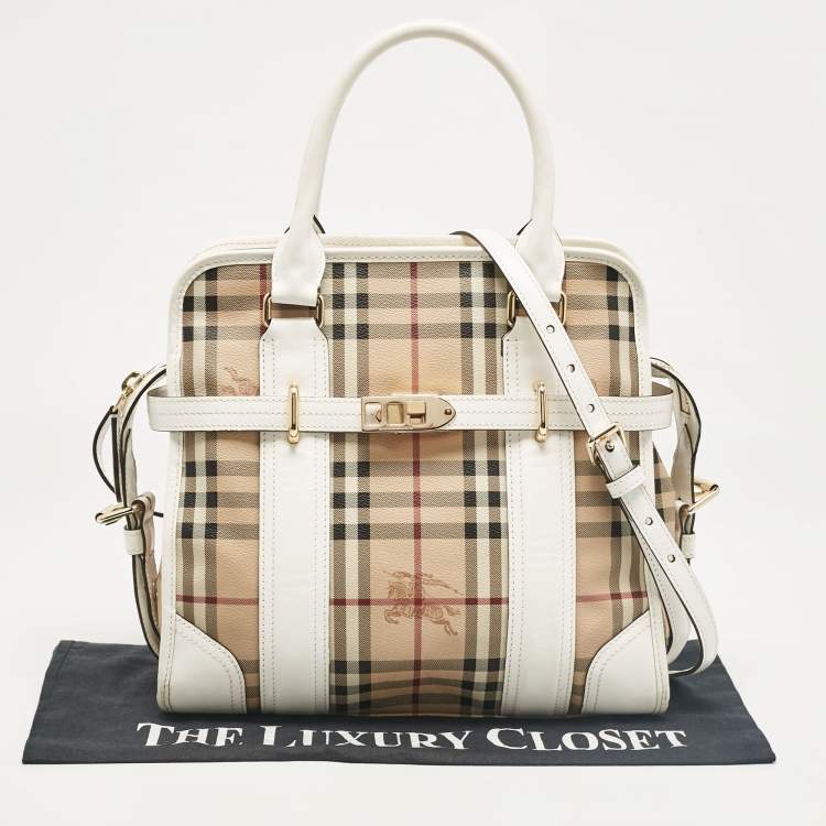Pre Owned Burberry White/Beige Haymarket PVC and Leather PVC Minford Satchel