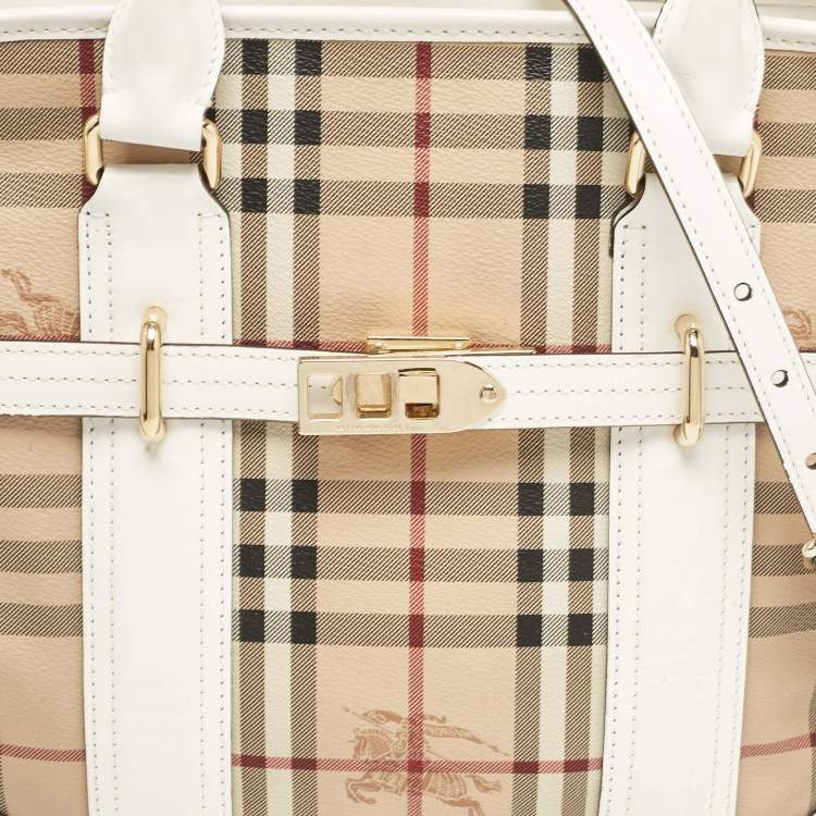 Pre Owned Burberry White/Beige Haymarket PVC and Leather PVC Minford Satchel