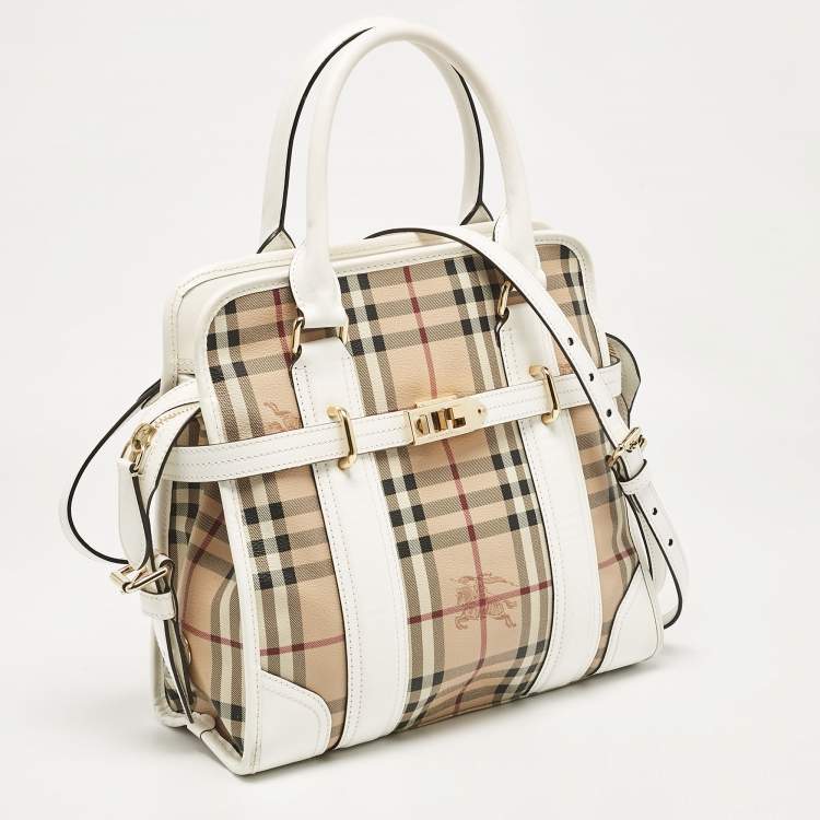Pre Owned Burberry White/Beige Haymarket PVC and Leather PVC Minford Satchel
