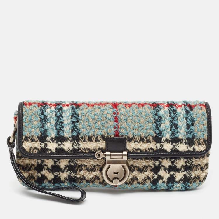Pre Owned Burberry Multicolor Wool Nova Check Mastaire Wristlet Clutch