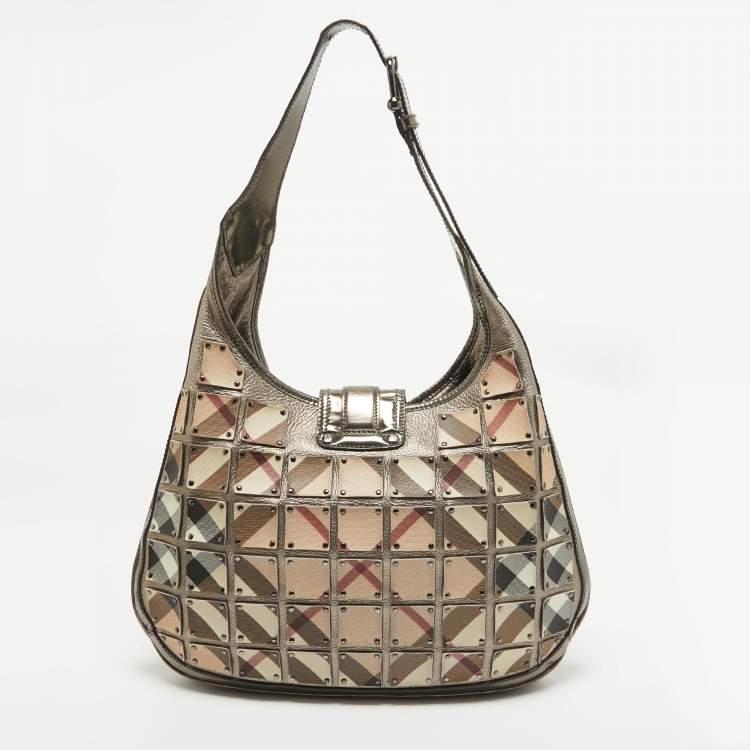 Pre Owned Burberry Metallic/Beige Nova Check Canvas and Leather Studded Brooke Warrior Hobo