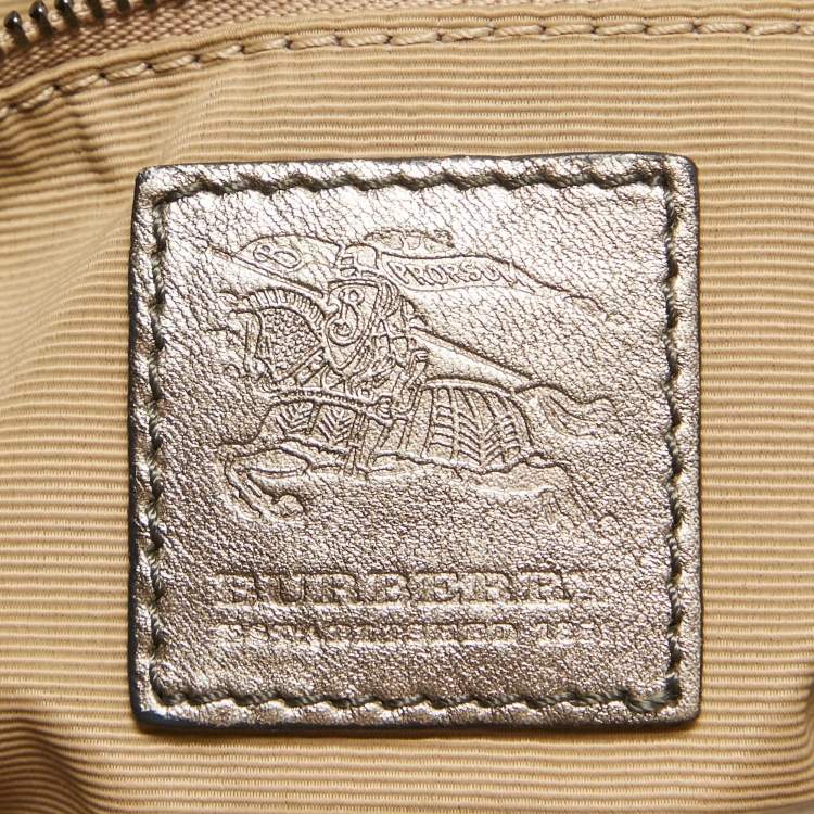 Pre Owned Burberry Metallic/Beige Nova Check Canvas and Leather Studded Brooke Warrior Hobo