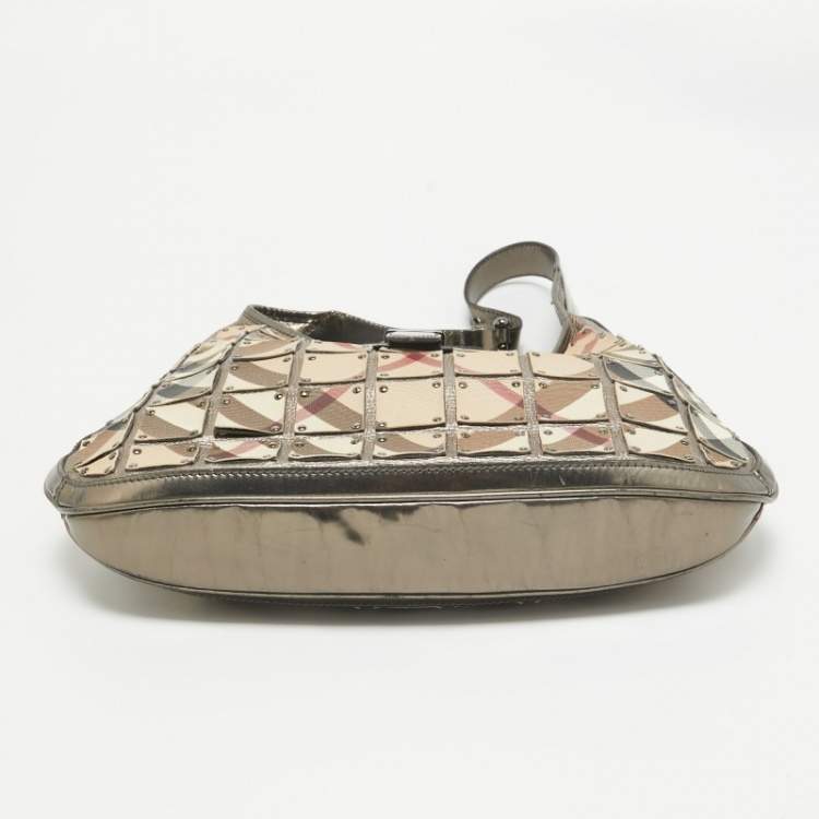 Pre Owned Burberry Metallic/Beige Nova Check Canvas and Leather Studded Brooke Warrior Hobo