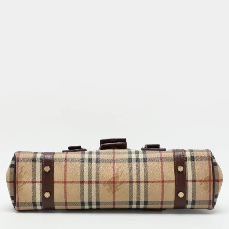 Pre Owned Burberry Brown/Beige Haymarket Check Coated Canvas and Leather Buckle Flap Satchel