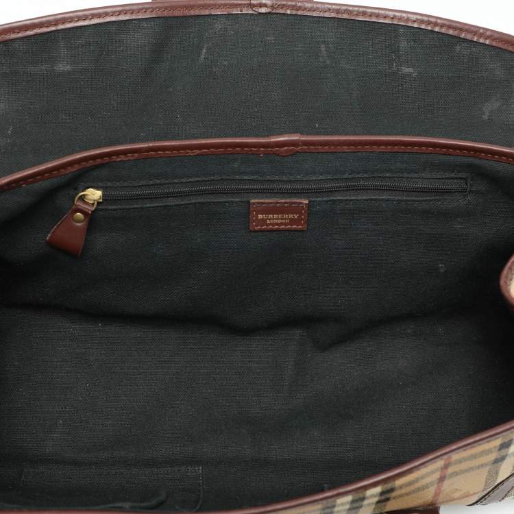 Pre Owned Burberry Brown/Beige Haymarket Check Coated Canvas and Leather Buckle Flap Satchel