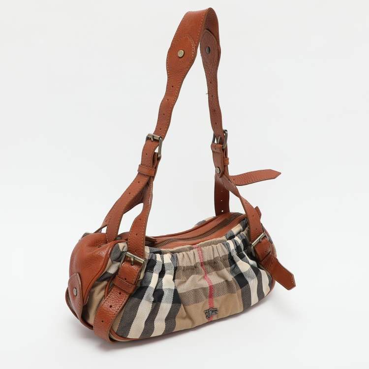 Pre Owned Burberry Brown/Beige House Check Canvas and Leather Satchel