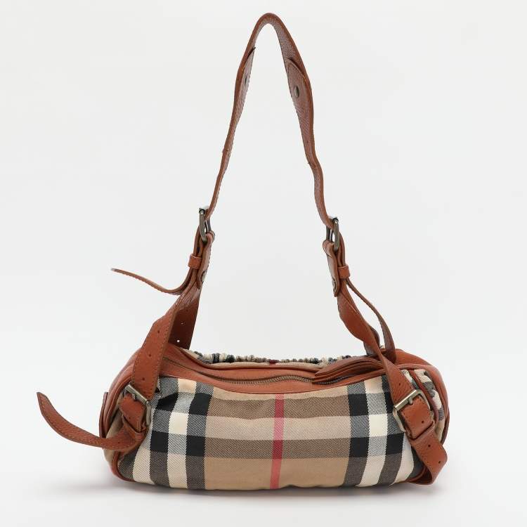 Pre Owned Burberry Brown/Beige House Check Canvas and Leather Satchel