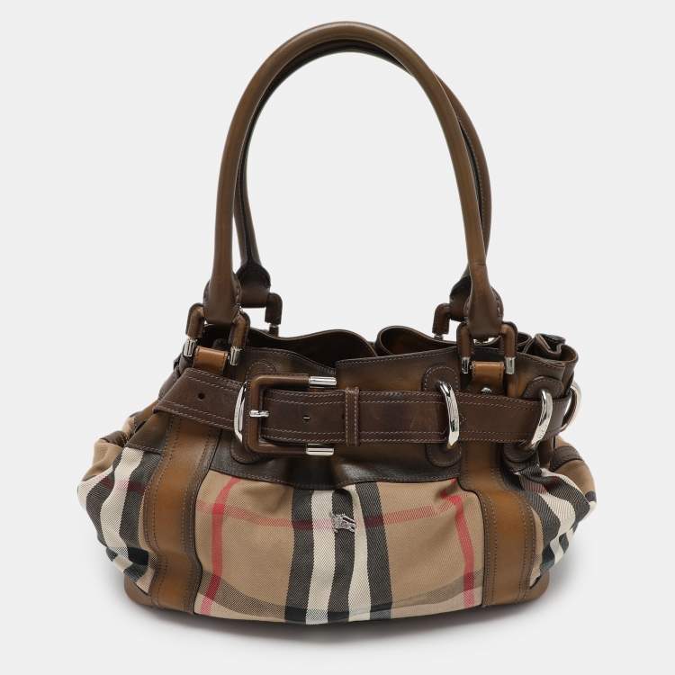 Pre Owned Burberry Brown House Check Canvas and Leather Beaton Tote