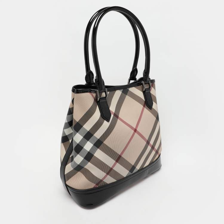 Pre Owned Burberry Beige/Black Nova Check PVC and Patent Leather Eden Tote