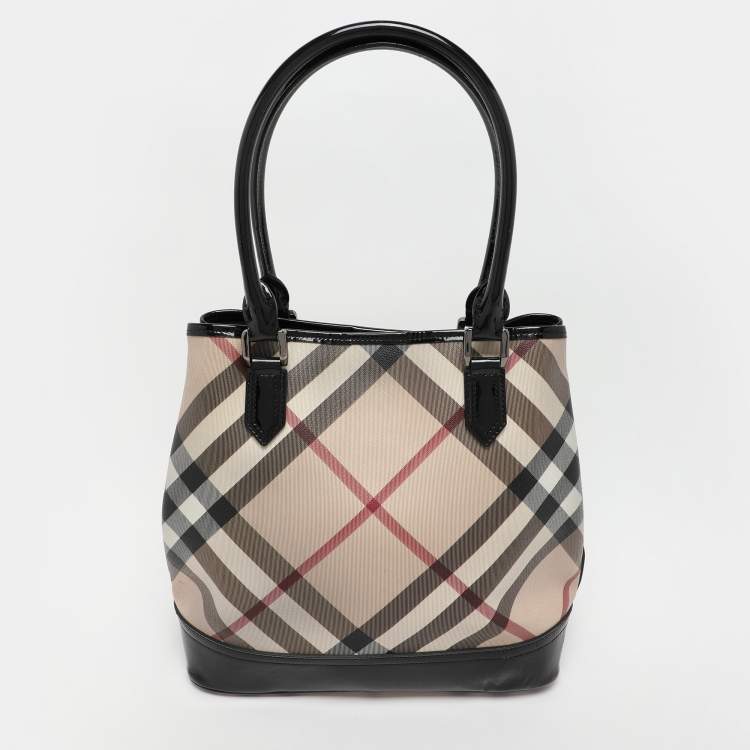 Pre Owned Burberry Beige/Black Nova Check PVC and Patent Leather Eden Tote