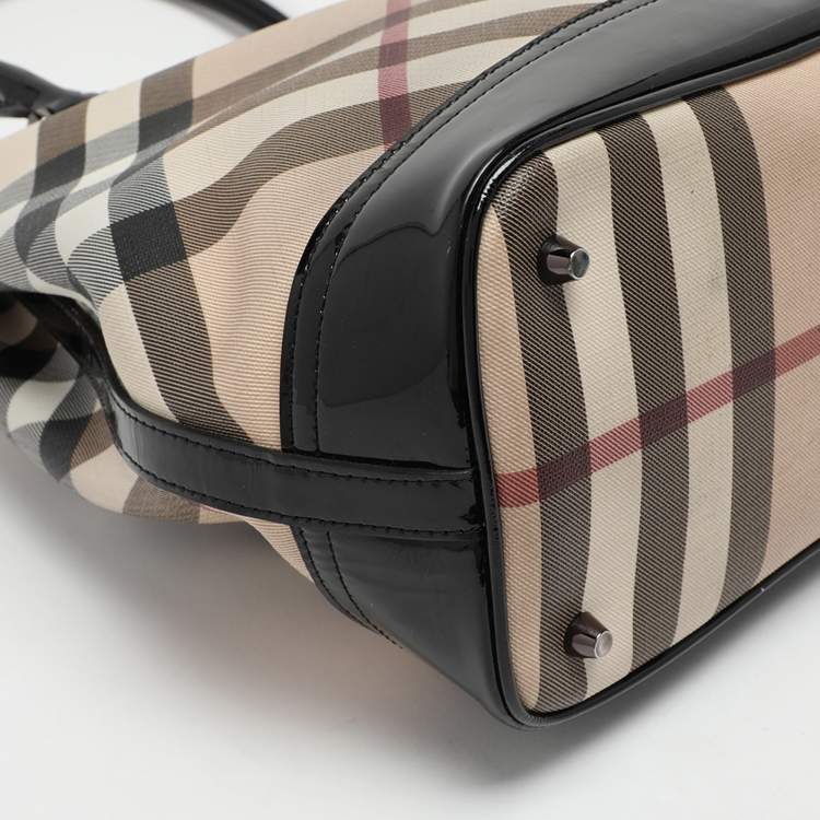 Pre Owned Burberry Beige/Black Nova Check PVC and Patent Leather Eden Tote
