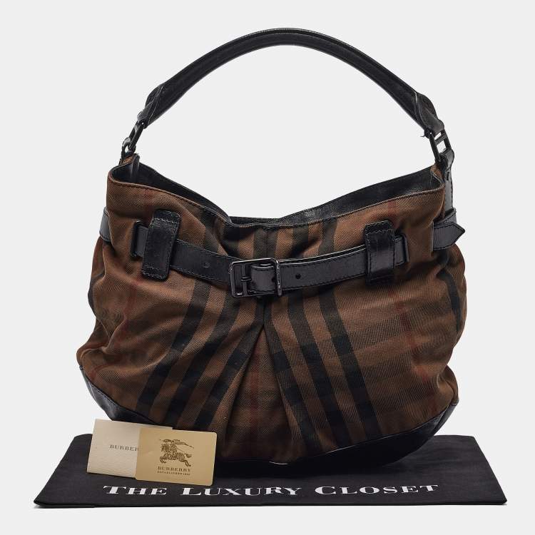Pre Owned Burberry Black/Brown Housecheck Canvas and Leather Buckle Hobo