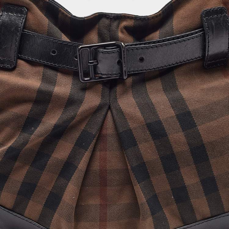 Pre Owned Burberry Black/Brown Housecheck Canvas and Leather Buckle Hobo