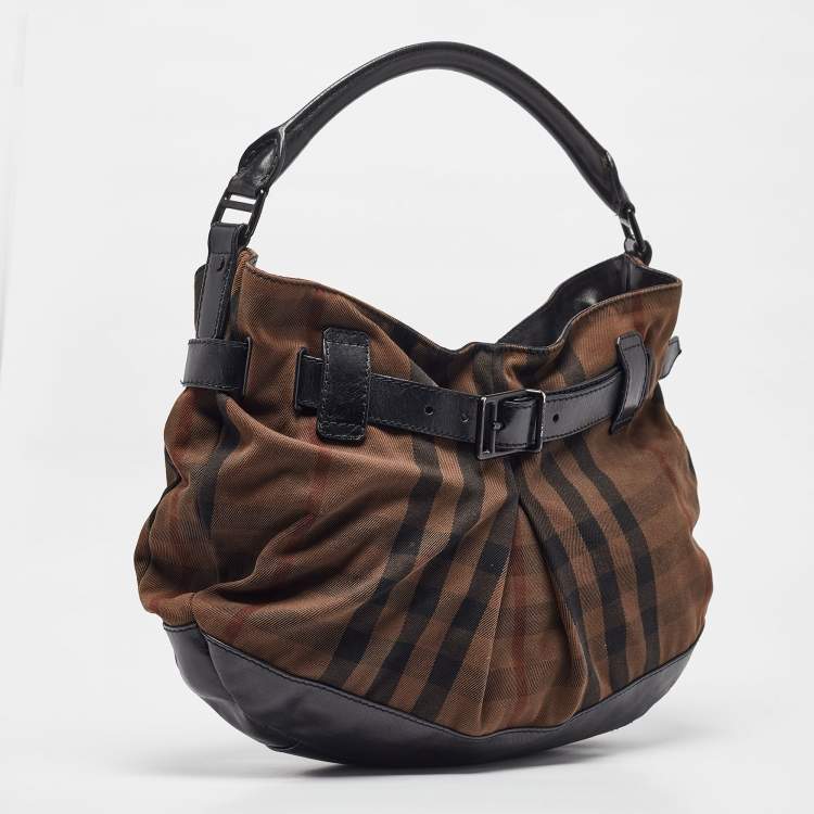 Pre Owned Burberry Black/Brown Housecheck Canvas and Leather Buckle Hobo