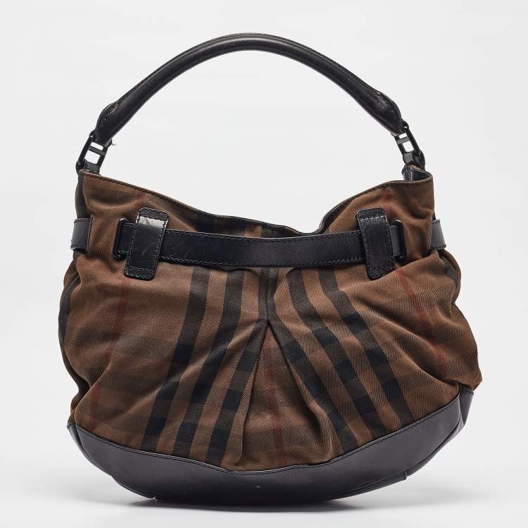 Pre Owned Burberry Black/Brown Housecheck Canvas and Leather Buckle Hobo