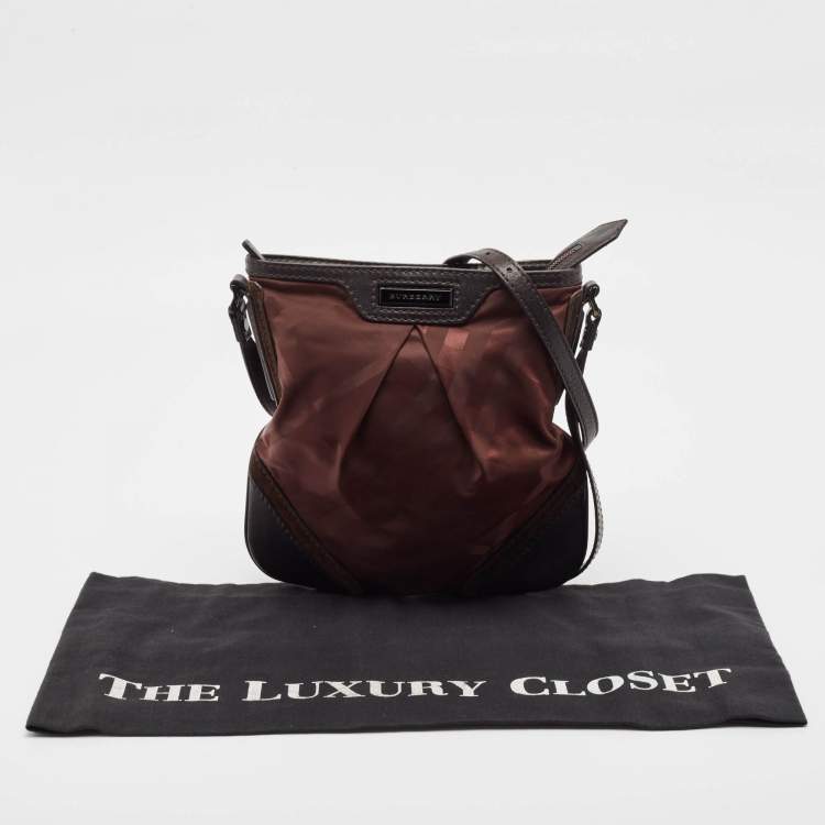 Pre Owned Burberry Burgundy/Brown Check Nylon, Leather and Suede Messenger Bag