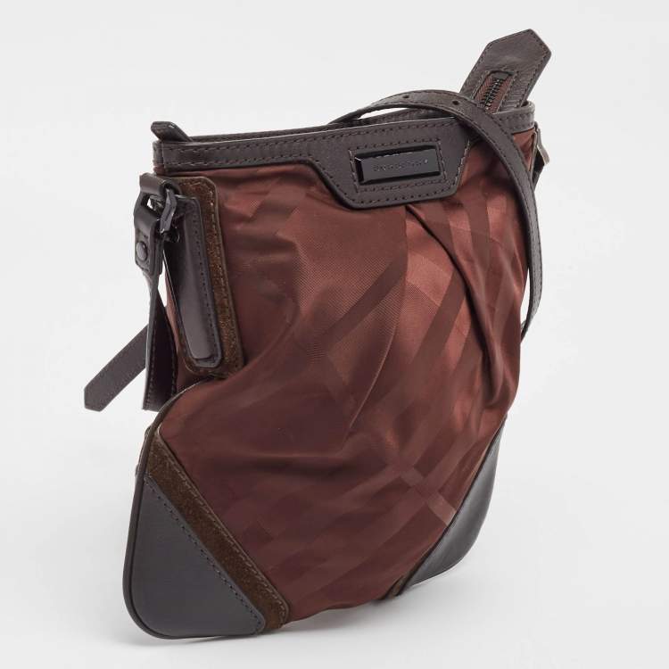 Pre Owned Burberry Burgundy/Brown Check Nylon, Leather and Suede Messenger Bag