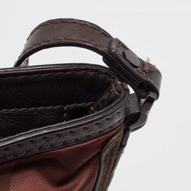 Pre Owned Burberry Burgundy/Brown Check Nylon, Leather and Suede Messenger Bag
