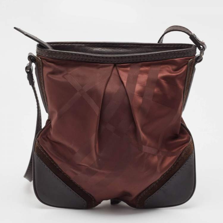 Pre Owned Burberry Burgundy/Brown Check Nylon, Leather and Suede Messenger Bag