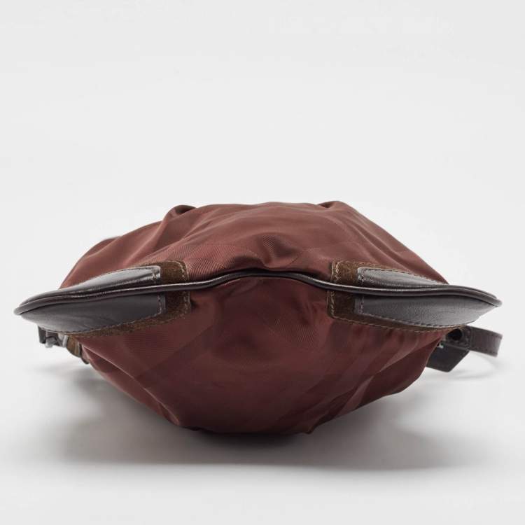Pre Owned Burberry Burgundy/Brown Check Nylon, Leather and Suede Messenger Bag