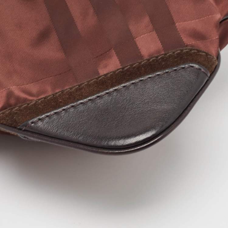 Pre Owned Burberry Burgundy/Brown Check Nylon, Leather and Suede Messenger Bag