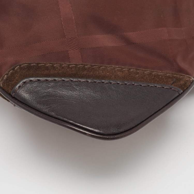 Pre Owned Burberry Burgundy/Brown Check Nylon, Leather and Suede Messenger Bag