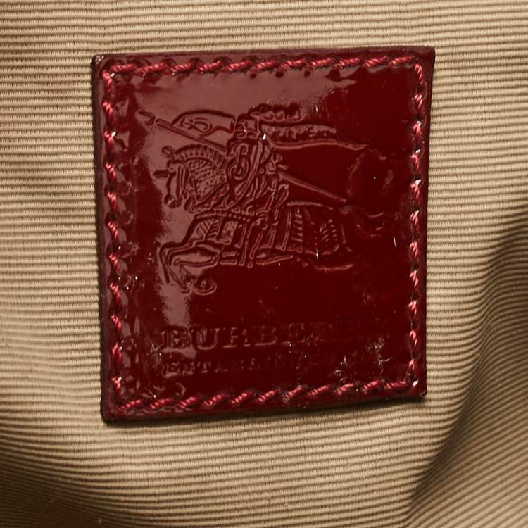 Pre Owned Burberry Red Nova Check Patent Leather Warrior Drawstring Tote