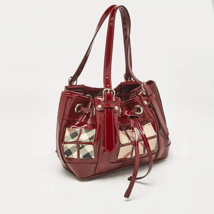Pre Owned Burberry Red Nova Check Patent Leather Warrior Drawstring Tote