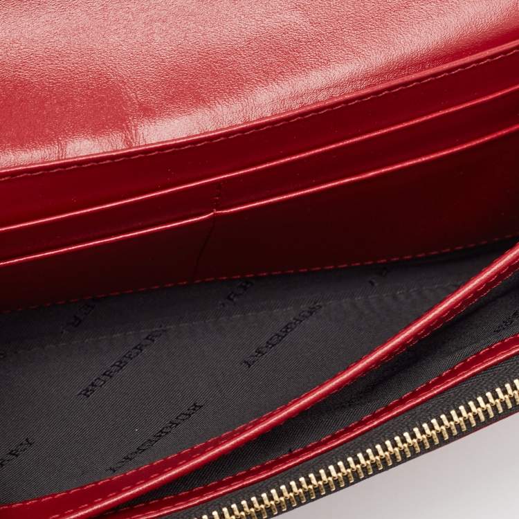 Pre Owned Burberry Red Check Embossed Leather Porter Continental Wallet 