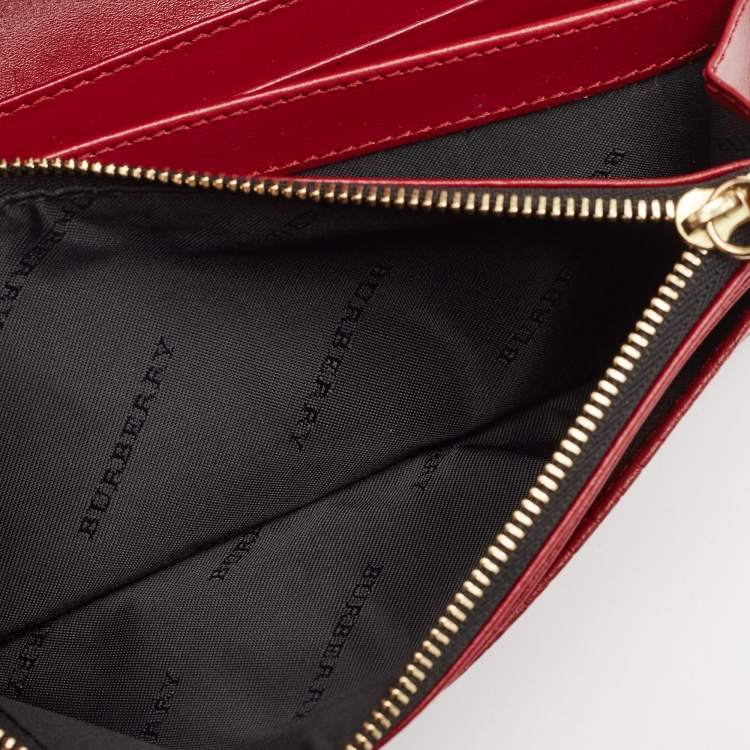 Pre Owned Burberry Red Check Embossed Leather Porter Continental Wallet 