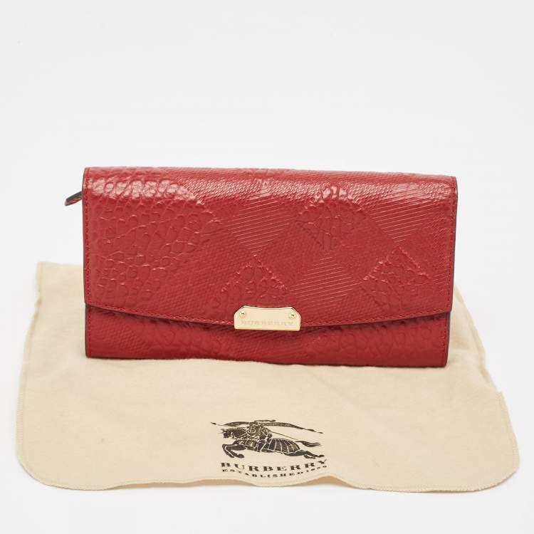 Pre Owned Burberry Red Check Embossed Leather Porter Continental Wallet 