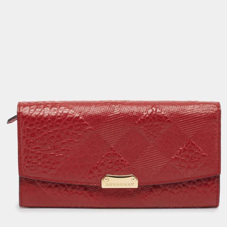 Pre Owned Burberry Red Check Embossed Leather Porter Continental Wallet 