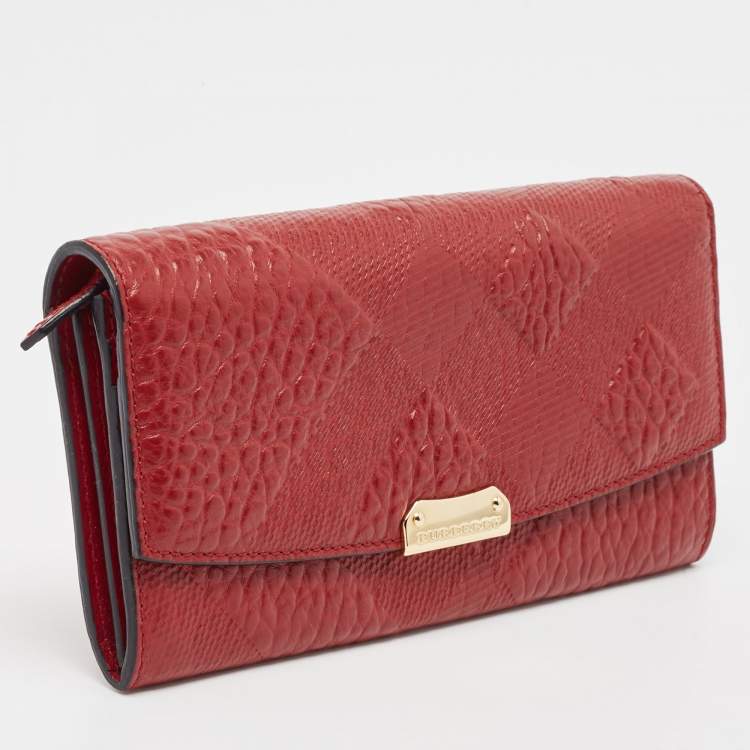 Pre Owned Burberry Red Check Embossed Leather Porter Continental Wallet 