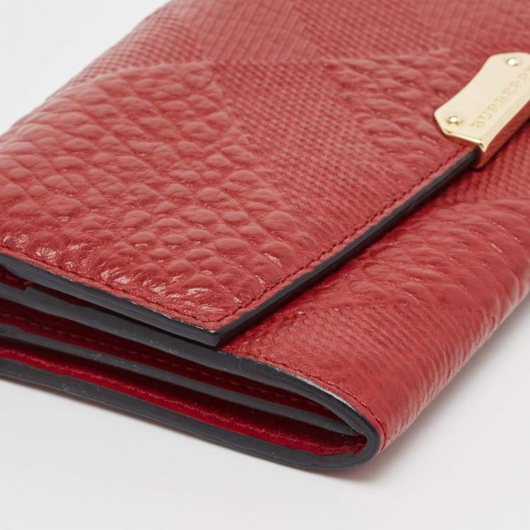 Pre Owned Burberry Red Check Embossed Leather Porter Continental Wallet 