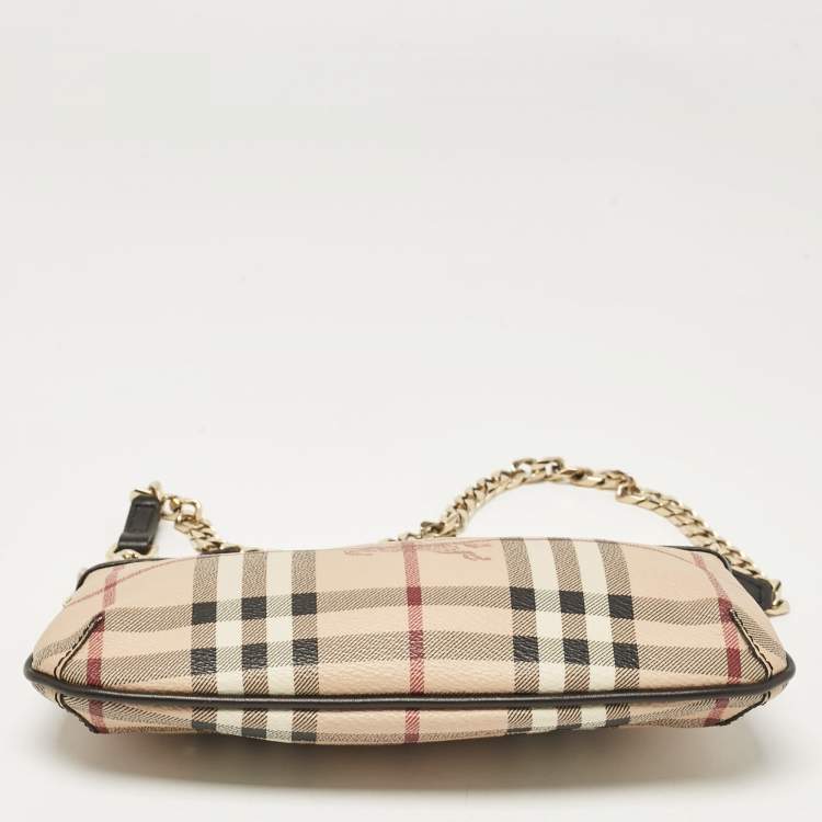 Pre Owned Burberry Beige Haymarket Check Coated Canvas Chain Pochette
