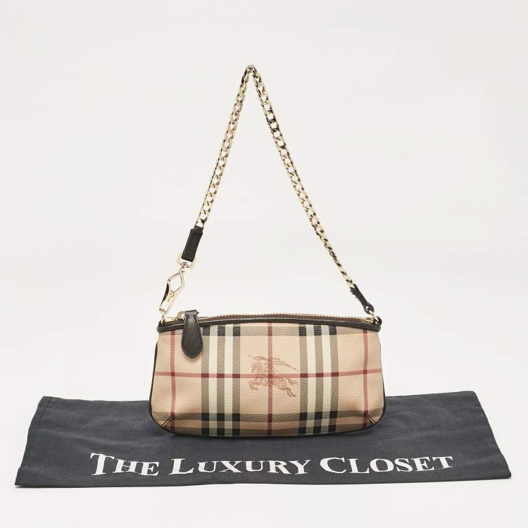 Pre Owned Burberry Beige Haymarket Check Coated Canvas Chain Pochette