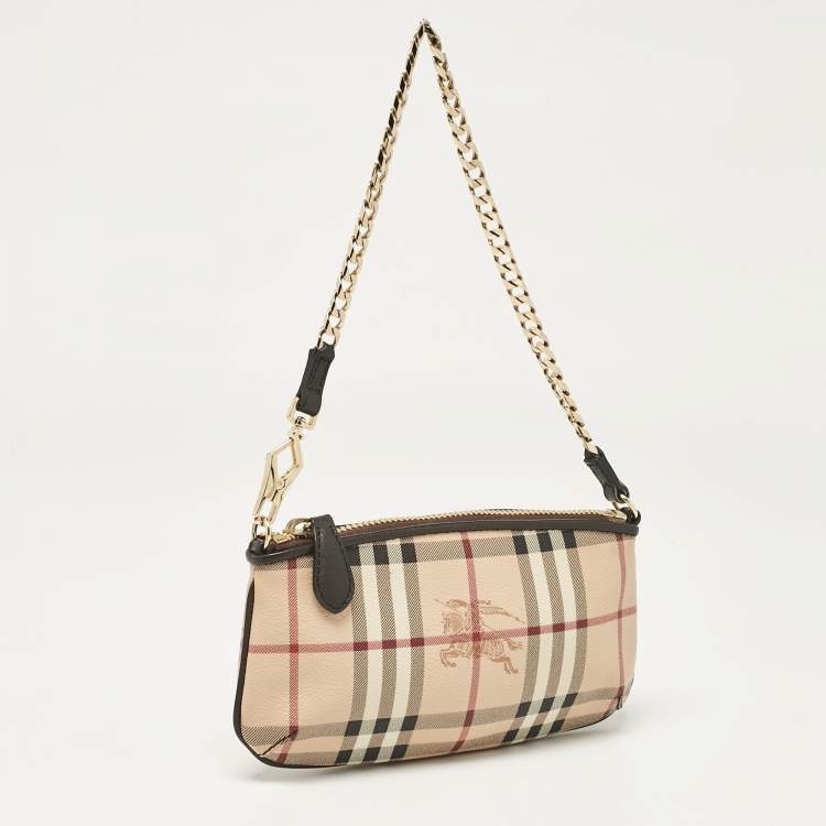 Pre Owned Burberry Beige Haymarket Check Coated Canvas Chain Pochette