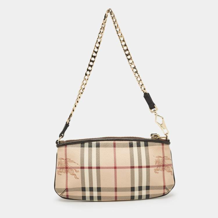 Pre Owned Burberry Beige Haymarket Check Coated Canvas Chain Pochette