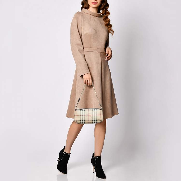 Pre Owned Burberry Beige Haymarket Check Coated Canvas Chain Pochette