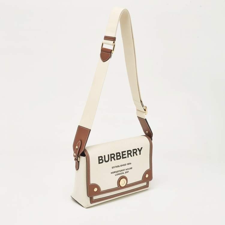Pre Owned Burberry Beige/Brown Canvas and Leather Note Crossbody Bag