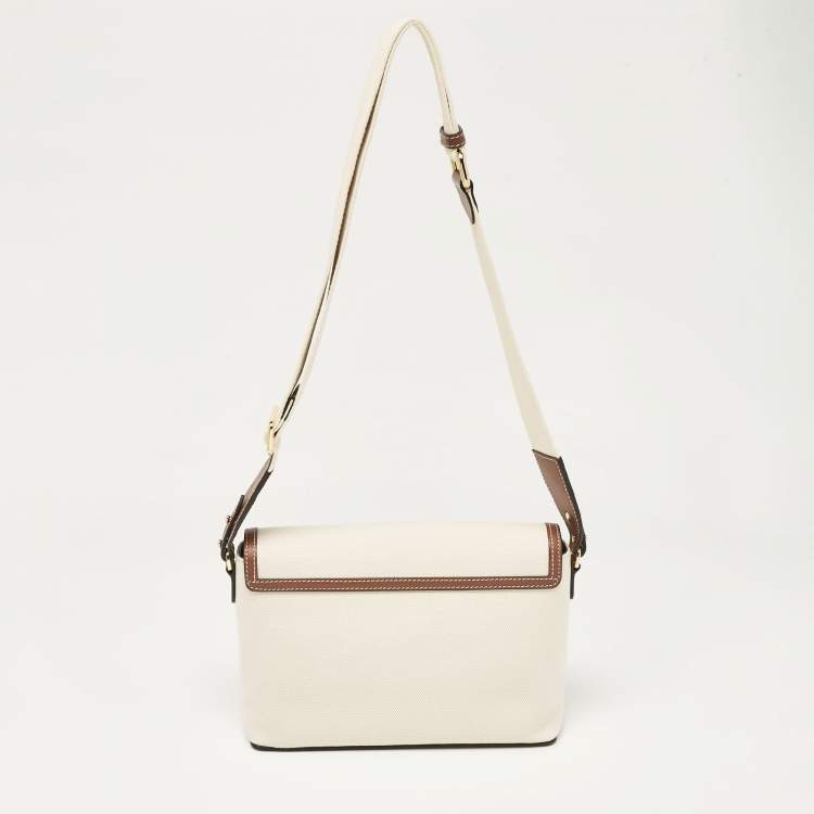 Pre Owned Burberry Beige/Brown Canvas and Leather Note Crossbody Bag