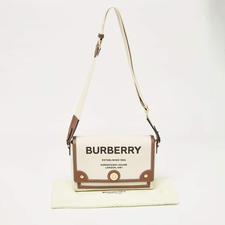 Pre Owned Burberry Beige/Brown Canvas and Leather Note Crossbody Bag
