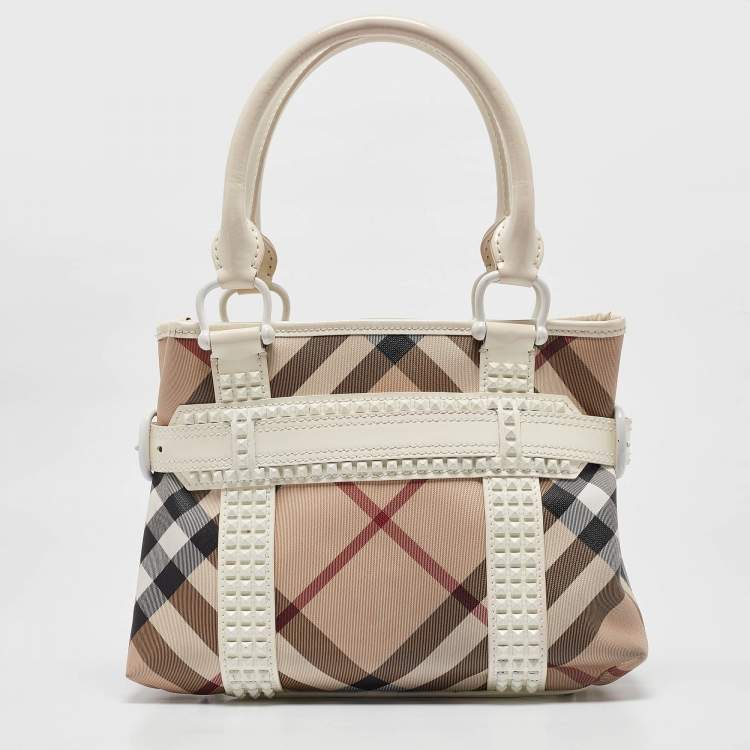 Pre Owned Burberry White/Beige Super Nova Check Vinyl Small Studded Rachel Tote