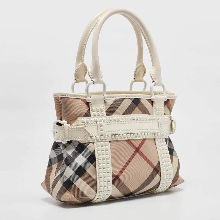 Pre Owned Burberry White/Beige Super Nova Check Vinyl Small Studded Rachel Tote