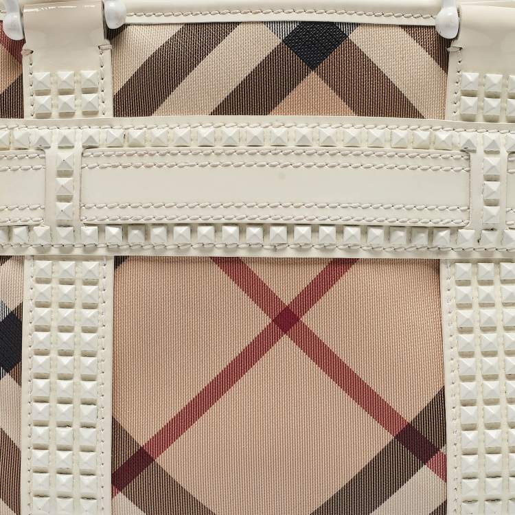 Pre Owned Burberry White/Beige Super Nova Check Vinyl Small Studded Rachel Tote